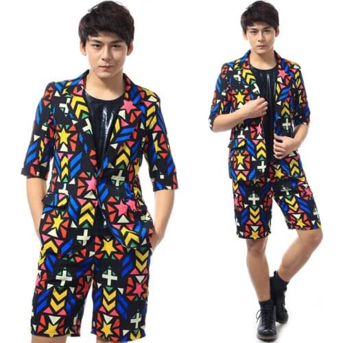 Personality Male Costume Flower print Slim suits Nightclub Male singer show performance Set Stage dance wear