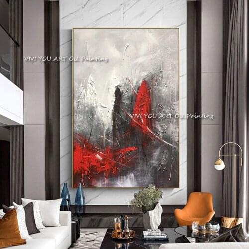 Modern Abstract Red Black Grey 100% Hand Painting Canvas Texture oil painting large wall art picture for home decoration