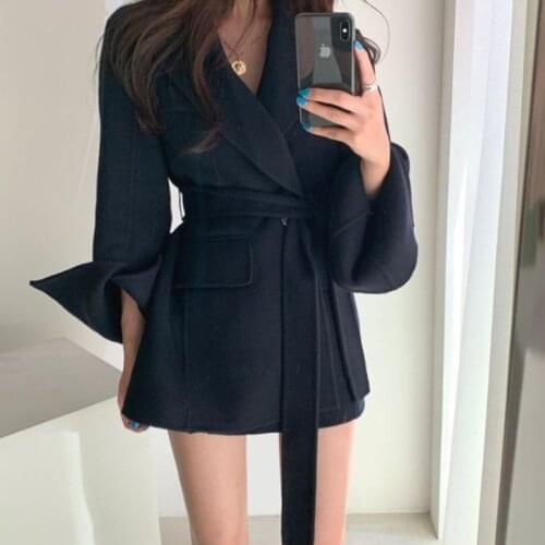 ZAWFL Elegant Temperament Waist Lace Up Slim Vintage Casual Woolen Loose Thick Lapel Long Sleeve Jackets Women Winter Coat Belt