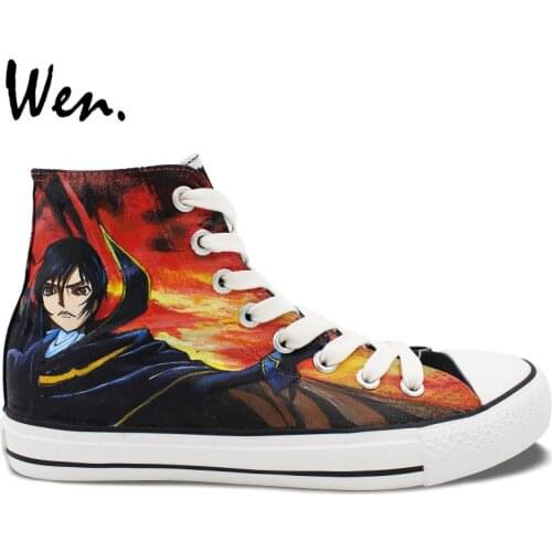 Wen Anime Black Hand Painted Shoes Design Custom Code Geass High Top Men Womens Canvas Sneakers for Gifts