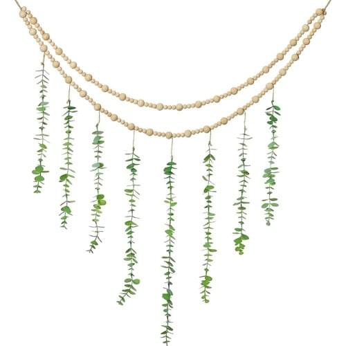 Eucalyptus Boho Wall Decor Large Boho Bedroom Wall Hanging Wooden Bead Garland Artificial Eucalyptus Natural Greenery