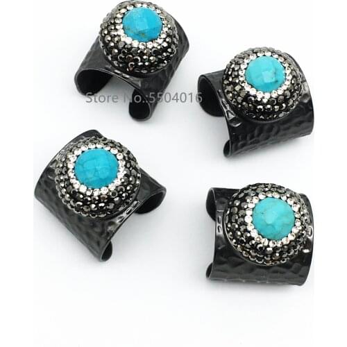 Nature Turquoises Faceted Rhinestone Rings, Gun Black Color Metal Brass Ring,Fashion Copper Stone Jewelry Rings for Men Gifts