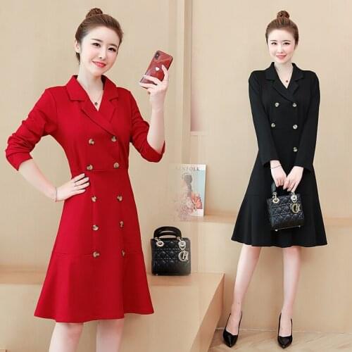 L-5XL Sping Autumn Office Lady A-line Solid Fashion Elegant Long Sleeve Red Black Knee-length Plus Size Dress party dresses