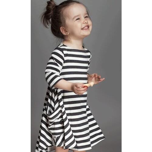 Striped Girls Dress Long Sleeve Spring Fall Cotton Kids Dresses for Girl Striped O-neck Children Clothing with Pockets 2020 New