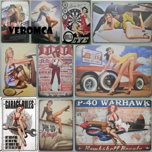 Shabby Chic Metal Wall Art Poster Pin Up Girl Signs Vintage Car Sexy Lady Girl Tin Signs Garage Man Cave Irish Pub Home Decor