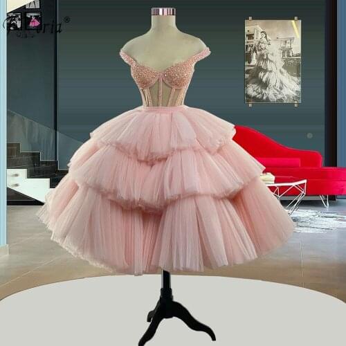 Blush Pink Ball Gown Cocktail Dresses Puffy Ruffles Tulle Short Prom Dress Beading Tired Skirt Robes De Cocktail