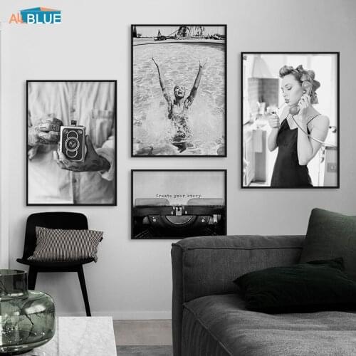Swimming Girl Vintage Camera Wall Art Black White Canvas Painting Nordic Posters And Prints Modern Wall Pictures For Living Room
