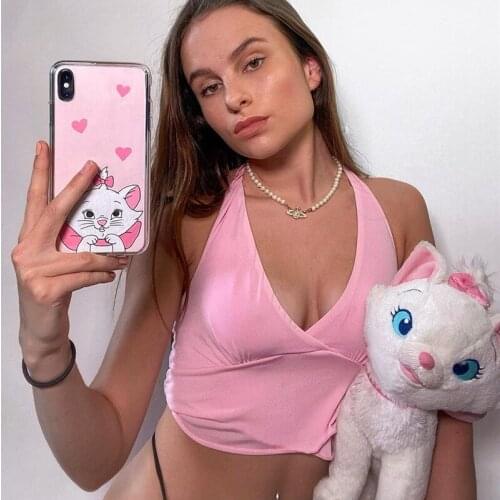 Y2K Pink Halter Neck Cute Top Bandage Cami Top Female Vest V-Neck Sleeveless Crop Top Backless Sexy Womens Clothing 2020