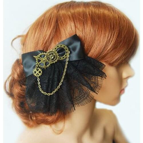 Girls Steampunk Gear Chain Hair Clip Goth Punk Vintage Lolita Lady Ribbon Lace Headwear hair accessories