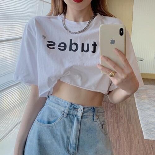 Fashion Loose Letters Print Summer Womens T-Shirt 2021 Short Sleeve O-Neck Cotton Casual Oversize Tee Shirt For Women Crop Tops