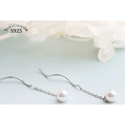 Genuine Real Pure Solid 925 Sterling Silver Dangle Earrings for Women Jewelry Shell Pearl Female Thread Wire Earrings Gift