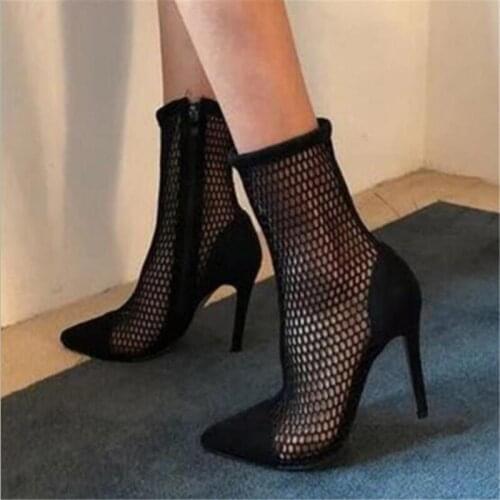 2019 Fashion Flock Women Pumps Mesh Stretch Fabric Sock Boots Thin Heels Pointed Toe Ankle Woman Party Black Pumps 11CM
