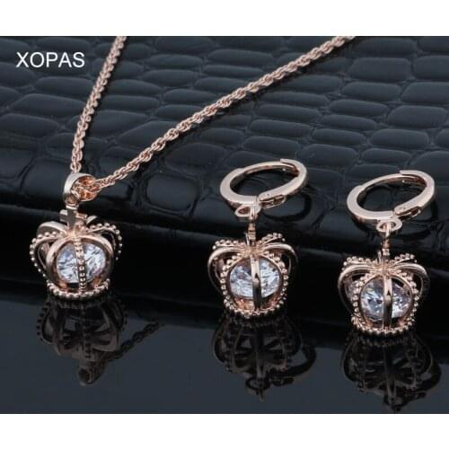 XOPAS Queen King Crown Necklace Rose Gold Color Choker Pendant Shiny CZ Women Jewelry Set Wedding Gifts
