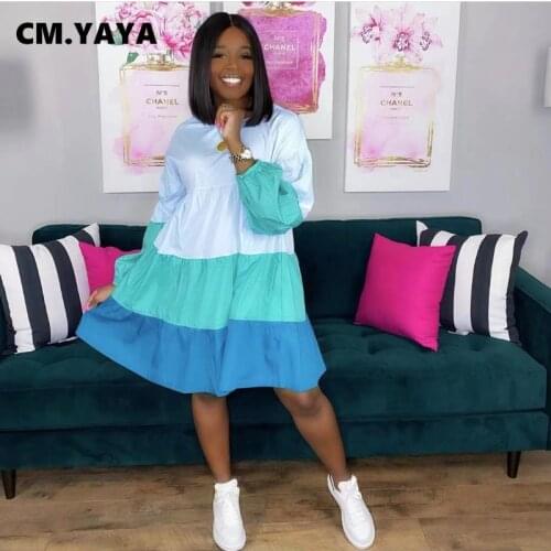 CM.YAYA Women Midi Dress Patchwork Full Sleeve O-neck Loose Knee Length Dresses Fashion Casual Streetwear Summer Vestidos Outfit