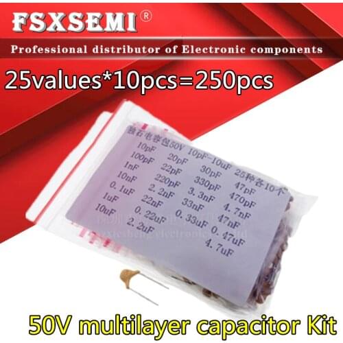 25values*10pcs=250pcs 50V multilayer capacitor MLCC kIt 5.08MM 10pF-10uF capacitors