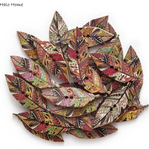 30pcs Indian Feather 2 Hole Wood buttons for Sewing Scrapbook Clothing Crafts Handwork Accessories Card DIY 42x15mm