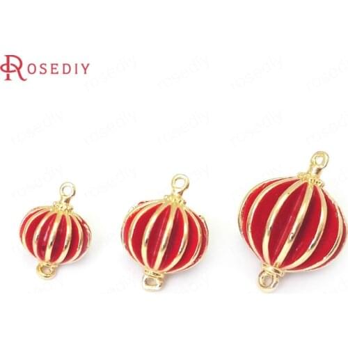 6PCS 11.5x8MM 13.5x10MM 17x12MM 24K Gold Color Brass Oil Painting Red Lantern Pendants Connect Charms Jewelry Making Supplies