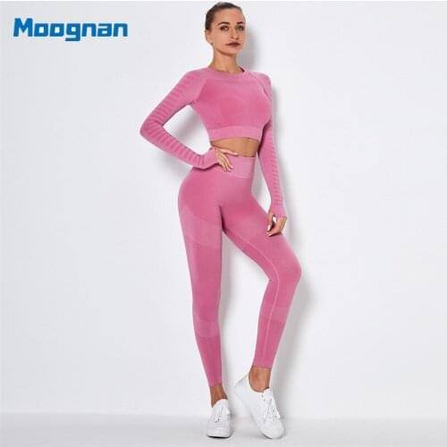 2PCS Seamless Women Sportswear Yoga Set Gym Clothes Tracksuit Long Sleeve Crop Top High Waist Leggings Fitness Sports Suits