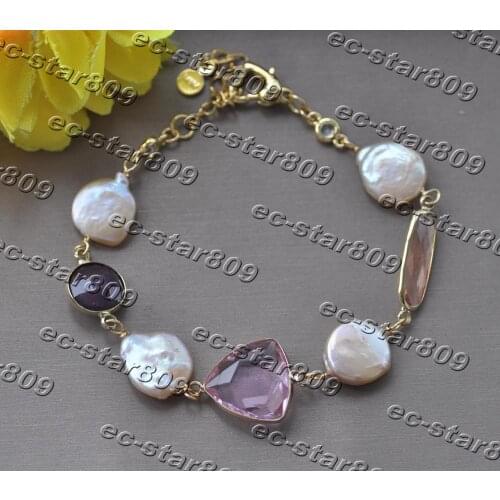 Z11346 8"~9.5" 14mm Pink Coin Pearl Crystal Bracelet Women Fine Jewelry