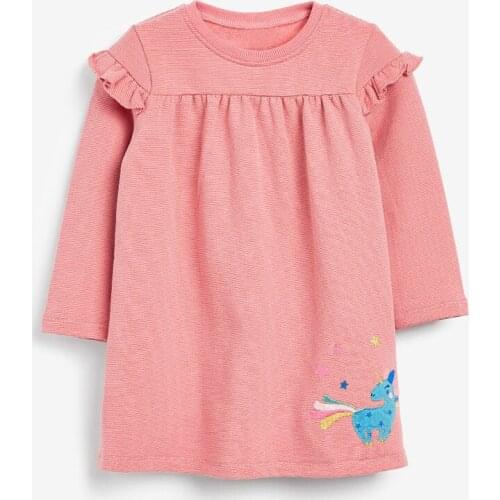 Little Maven New Spring Autumn Kids Pink Applique Striped Ruffled Girls 1-6yrs Full-sleeved O-neck Cotton Knitted Casual Dresses