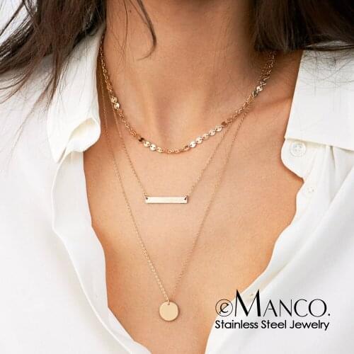 E-Manco 3PCS Chain Choker Round pendant Stainless Steel Necklaces Bar Gold Color Bead Chain All-match Necklace for Women jewelry