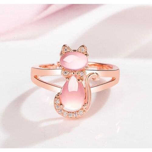 Korean version of pink crystal cat ring female diamond hibiscus stone cat ring cute cat open fashion ring