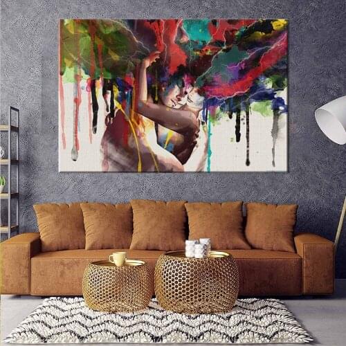 Colorful Abstract Pop Art Women and Men Banksy Graffiti Paintings Wall Art Canvas Prints Posters Couple Huging Wall Decor Pictur