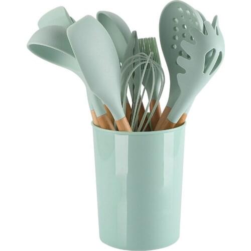 Kitchen Cookware Set Silicone Material Wooden Handle Does Not Burn Spoon Egg Flour Mixer With Cutlery Storage Utensils