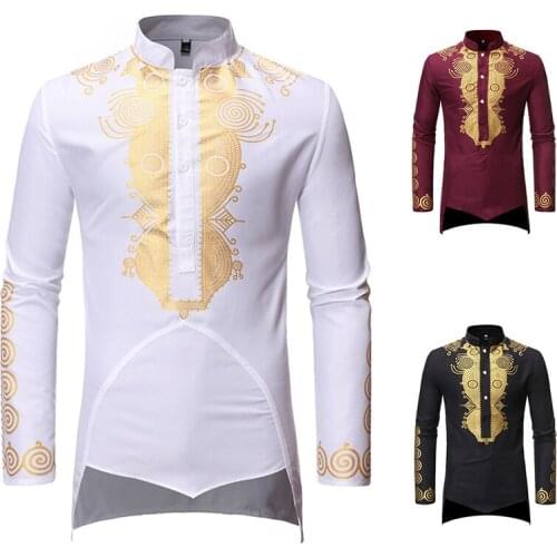 Fashion Men Islamic Arab Muslim Kaftan Stand Collar Gilding Long Sleeve Vintage Robes Middle East Musulman Tops Male Clothing