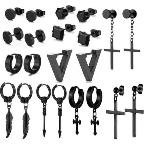 Men Earrings Geometric Titanium Stainless Steel Punk Couple Love Stud Earrings Goth Ear Cuffs Clip-on Earrings for Women Jewelry