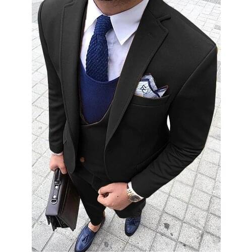 2019 new fashion Men Suit 3 piece V Neck Leisure Notched Lapel Tuxedos Men Suits for Wedding (Jacket+Pants+Vest)