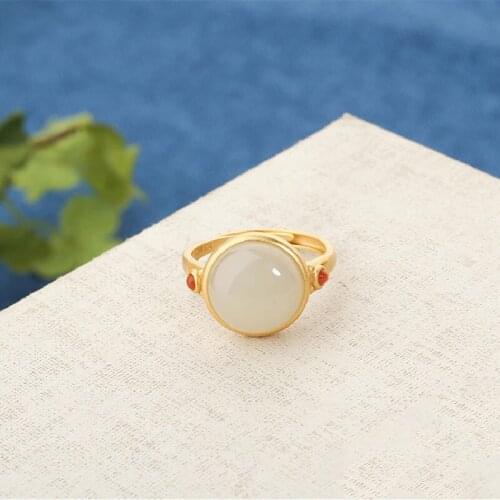 The New S925 Sterling Silver Gold-Plated Inlaid Hetian Jade. South Red Agate Ring Personality Retro Temperament Ring Female