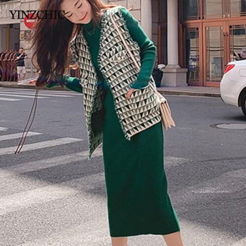 New Woman Autumn Knit Suit Tessels Plaid Vest + Pencil Dress Sets Woman Fashion Ladies Elegant Warm Knitted Suits Woman
