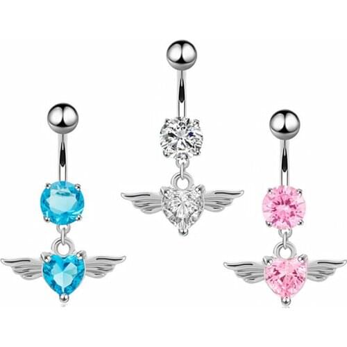 Charming Body Piercing Jewelry Cubic zircon Inlaid Heart Wings Shaped Navel Belly Button Ring lake blue/pink/white