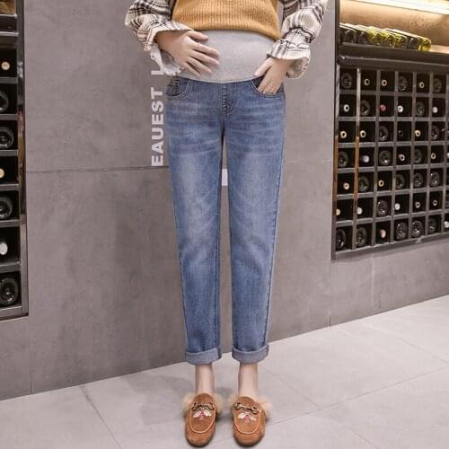 Autumn Winter Fashion Denim Maternity Jeans Adjustable Belly Straight Pants for Pregnant Women Loose Pregnancy Trousers