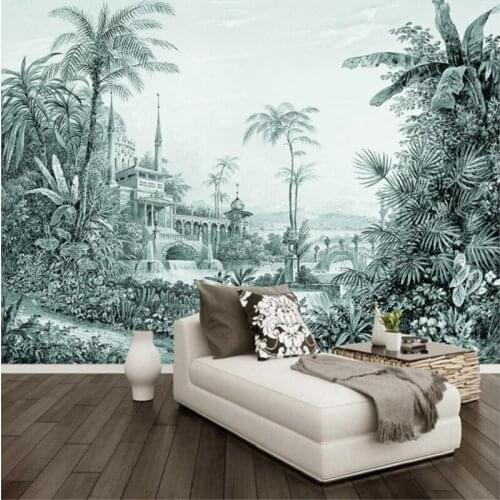 Custom Mural Wallpaper Hand Drawn Tropical Rainforest Landscape Background Wall Painting