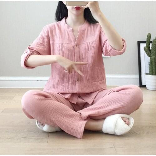 Washed Crepe Multicolor Pajamas for Women Japanese Small V-neck Sleepwear Loose Long Sleeve Trousers Pyjamas Cotton Home Wear
