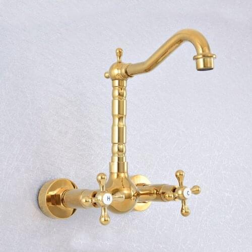 Luxury Gold Color Brass Bathroom Kitchen Faucet Dual Cross Handle Basin Sink Bath Tub Faucet Mixer Tap 360 Swivel Faucet