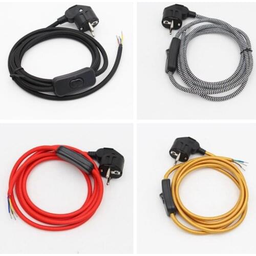 250V AC EU Power Cord With Grounded Plug Vintage Textile Braided Covered Power Cord with Switch 2 Meters Cable