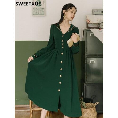 SWEETXUE Vintage Dress Navy-Style Sexy V-neck Single-Breasted Fashion Girl Long-Sleeved High-Waist Elegant Chic Dress Autumn