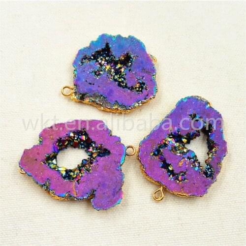 WT-C125 Rainbow Quartz Titanium Connector in Gold Electroplated natural geode quartz stone Rainbow Connector Wholesale 5pcs