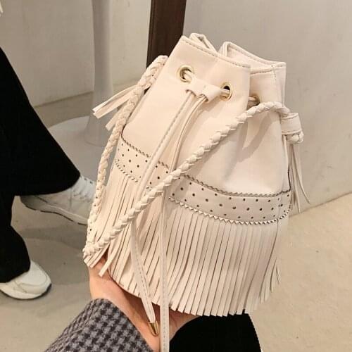 Famous Brand Famous PU Leather Womens Shoulder Bag Fashion Fringe Handbag Small Bucket Crossbody Bag