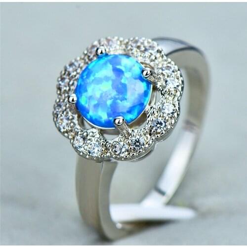 Boho Style Round Cut Blue White Fire Opal Rings For Women 10KT White Gold Ring Female Engagement Wedding Bands Fashion Jewelry