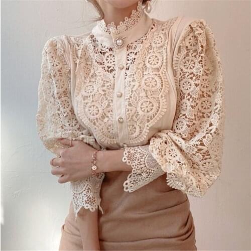 Female Shirts Lace Patchwork Hollow Out Women Shirt See Through Transparent Lace Ladies Tops Button Petal Sleeve Femme Blusas