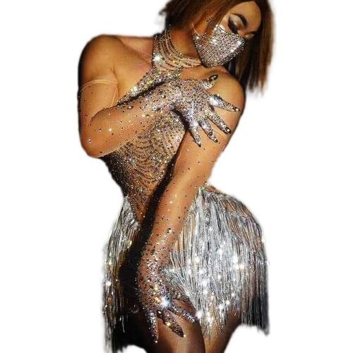 Sparkly Inlaid Rhinestone Fringed Jumpsuit Ladies Latin Dance Costume Nightclub Costumes Perspective Mesh Net Dance Wear