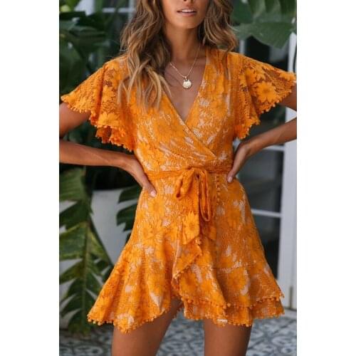Gray/Orange Flutter Sleeve Wrap V Neck Floral Lace Short Dress for Women Summer A Line Party Dress