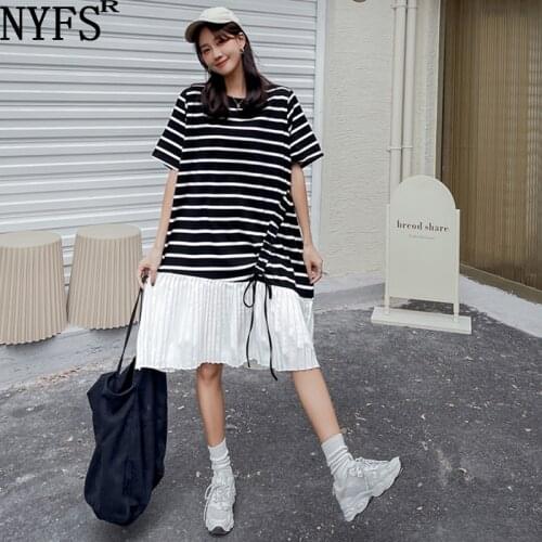 NYFS Summer Dress 2021 Korean New Short Sleeve Woman Dress Vestidos Robe Elbise Loose Pleated drawstring Long Dress