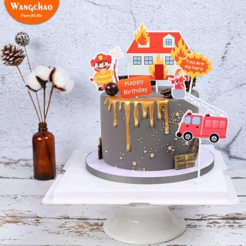 1 Set Firemen Fire Engines Ladders City Heroes Theme Cake Topper Happy Birthday Cake Decorations Fathers Day Cake Topper