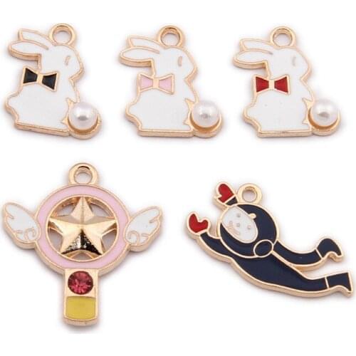 10PC Little Cute Pearl Rabbit Charm DIY Jewelry Bracelet Necklace Pendant Charms Gold Tone Enamel Floating Charm