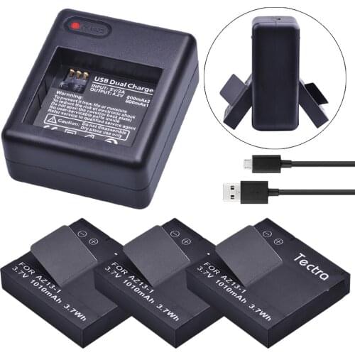 Tectra 3PCS 1010mAh AZ13-1 AZ13 Repalcement Battery + USB Dual Charger for Xiaomi Yi XiaoYi Xiaomi yi 1 Action Camera Battery